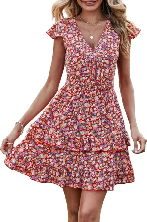 PRETTYGARDEN Womens Summer Dresses Boho V Neck Floral Print Ruffle Sleeve Layered Mini Dress Cute Smocked Waist Short Dress