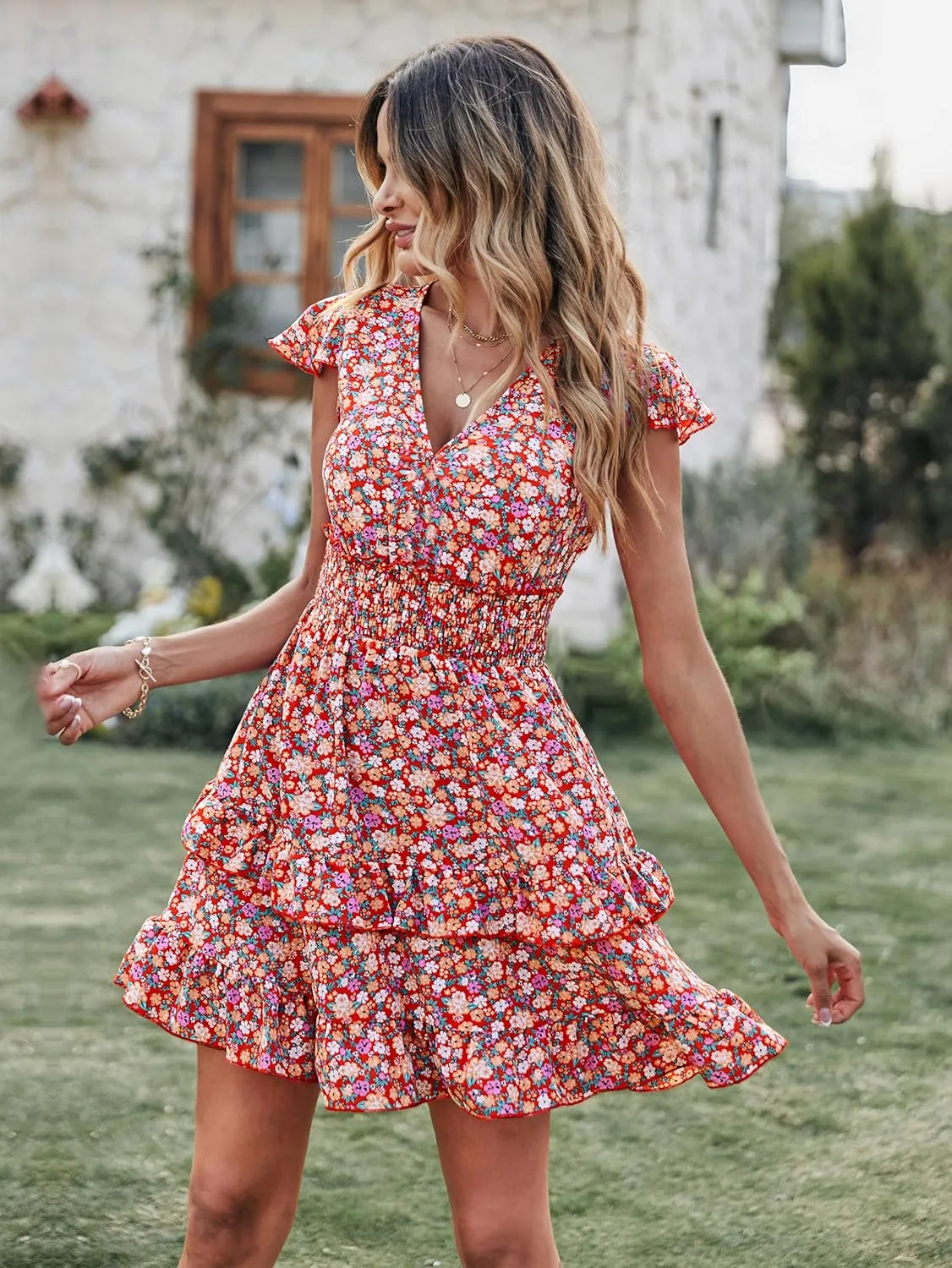 PRETTYGARDEN Womens Summer Dresses Boho V Neck Floral Print Ruffle Sleeve Layered Mini Dress Cute Smocked Waist Short Dress