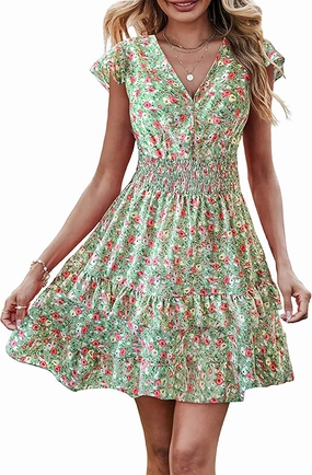 PRETTYGARDEN Womens Summer Dresses Boho V Neck Floral Print Ruffle Sleeve Layered Mini Dress Cute Smocked Waist Short Dress
