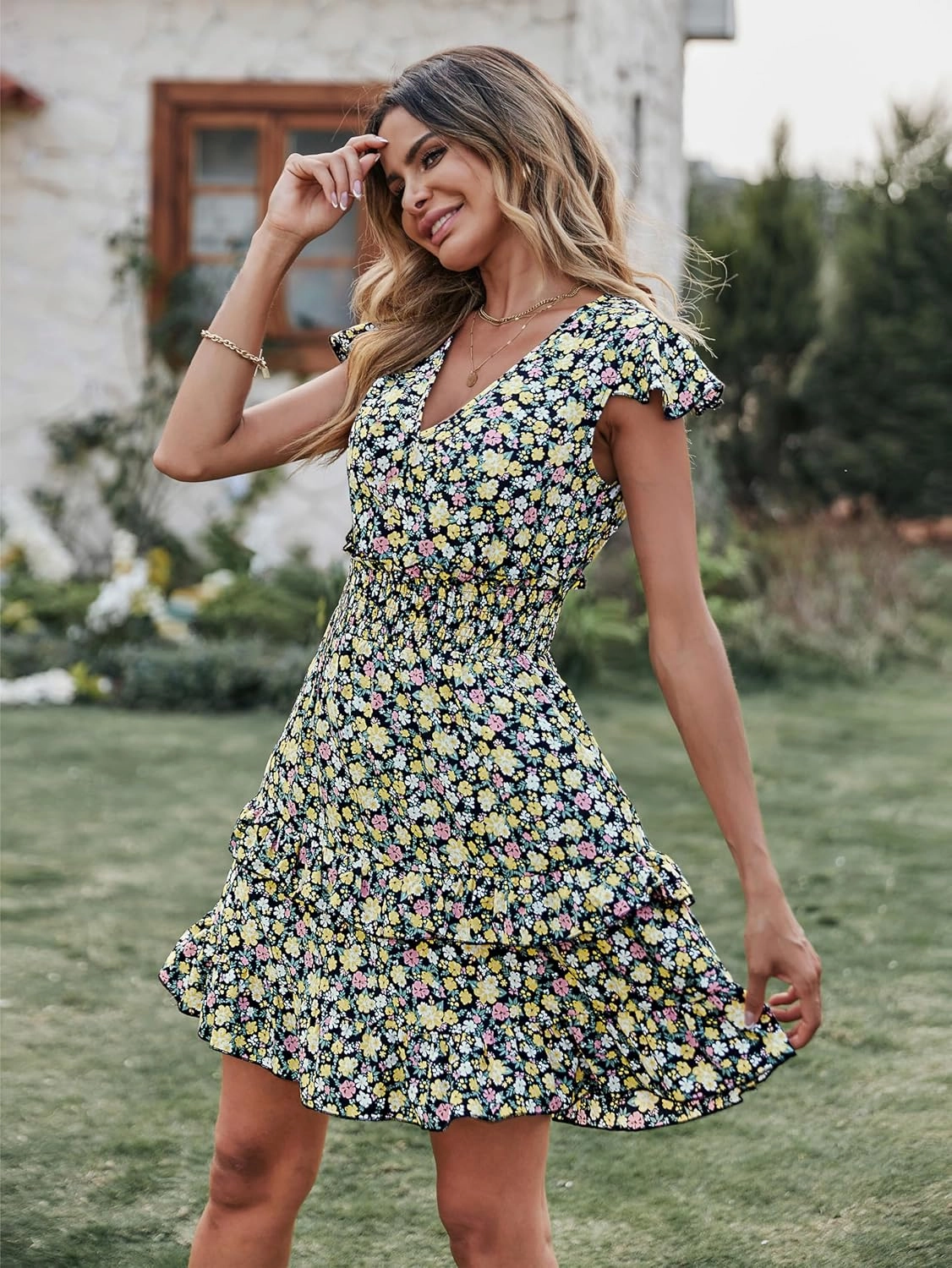 PRETTYGARDEN Womens Summer Dresses Boho V Neck Floral Print Ruffle Sleeve Layered Mini Dress Cute Smocked Waist Short Dress