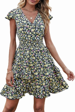 PRETTYGARDEN Womens Summer Dresses Boho V Neck Floral Print Ruffle Sleeve Layered Mini Dress Cute Smocked Waist Short Dress