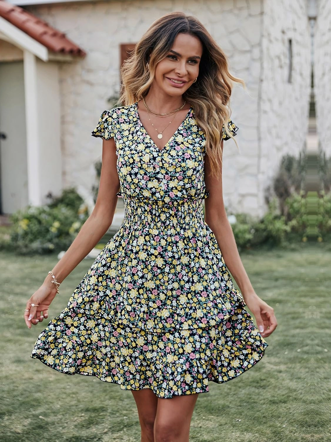 PRETTYGARDEN Womens Summer Dresses Boho V Neck Floral Print Ruffle Sleeve Layered Mini Dress Cute Smocked Waist Short Dress