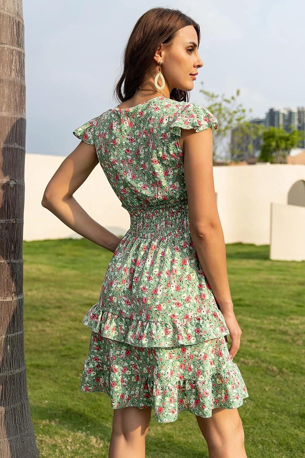 PRETTYGARDEN Womens Summer Dresses Boho V Neck Floral Print Ruffle Sleeve Layered Mini Dress Cute Smocked Waist Short Dress