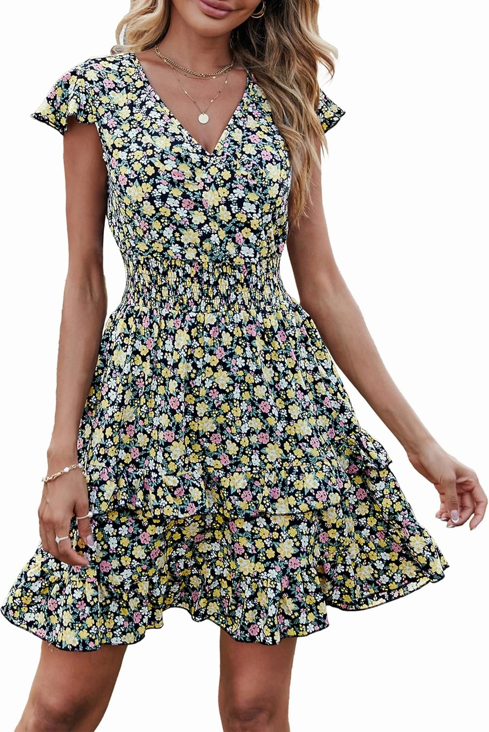PRETTYGARDEN Womens Summer Dresses Boho V Neck Floral Print Ruffle Sleeve Layered Mini Dress Cute Smocked Waist Short Dress