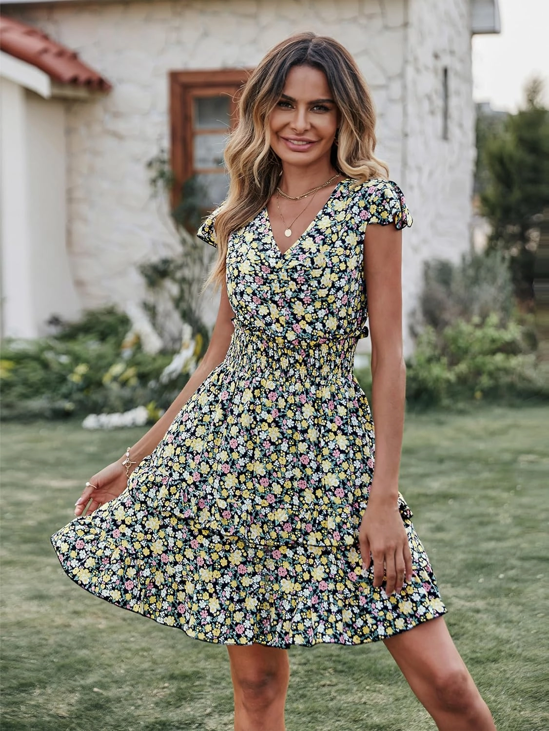 PRETTYGARDEN Womens Summer Dresses Boho V Neck Floral Print Ruffle Sleeve Layered Mini Dress Cute Smocked Waist Short Dress