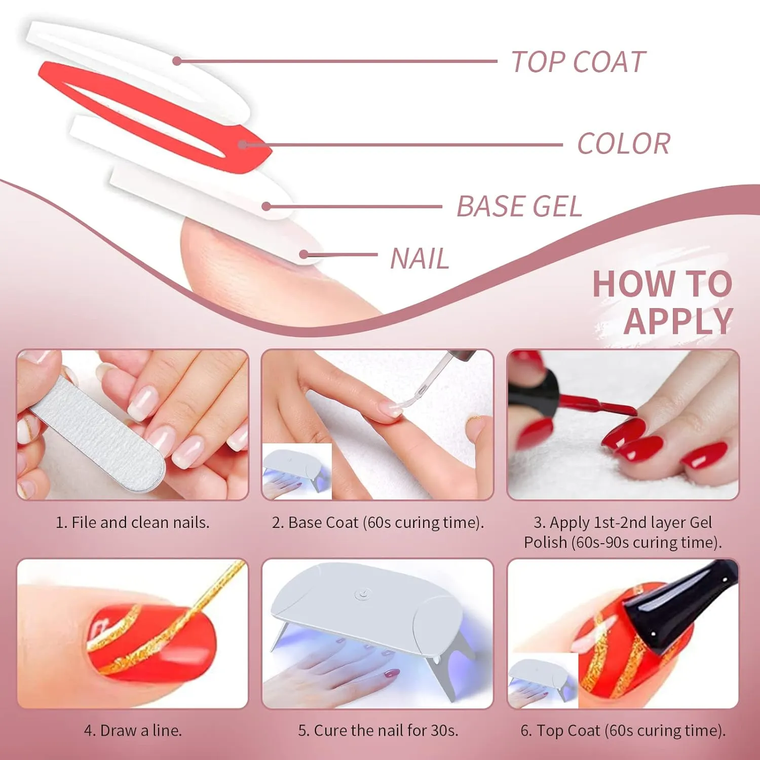 Professional Gel Nail Liner Polish Pens UV LED Painting Gel Polish Set of 5 for Nail Art Nail Design Nail Drawing for Manicure Salon for Striping Strokes Details, Black, White, Gold, Silver, Rose Gold