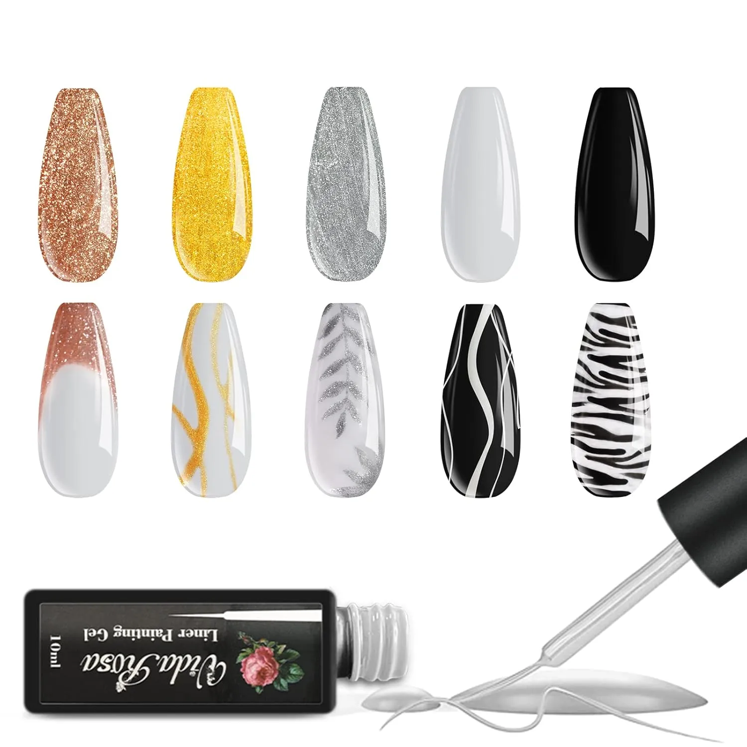 Professional Gel Nail Liner Polish Pens UV LED Painting Gel Polish Set of 5 for Nail Art Nail Design Nail Drawing for Manicure Salon for Striping Strokes Details, Black, White, Gold, Silver, Rose Gold