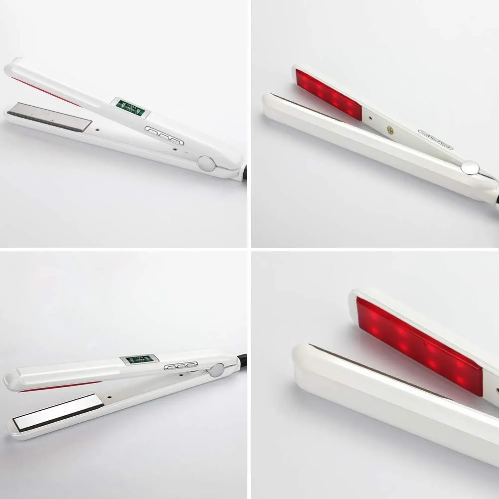 Professional Infrared Hair Straightener Ceramic Cold Flat Iron Hair Treament Styler, Ultrasonic Infrared Hair Care Iron Recovers Damaged Hair Tool, LCD Display, 360° Swivel Cord (White)