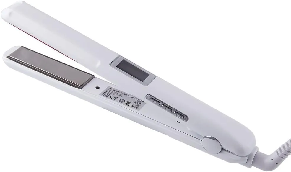 Professional Ultrasonic Infrared Hair Care Cold Flat Iron Hair Straightener Treament Tool, Instant Heat Up Adjustable Temperature Recovers The Damaged Hair, LCD Display, Dual Voltage (White)