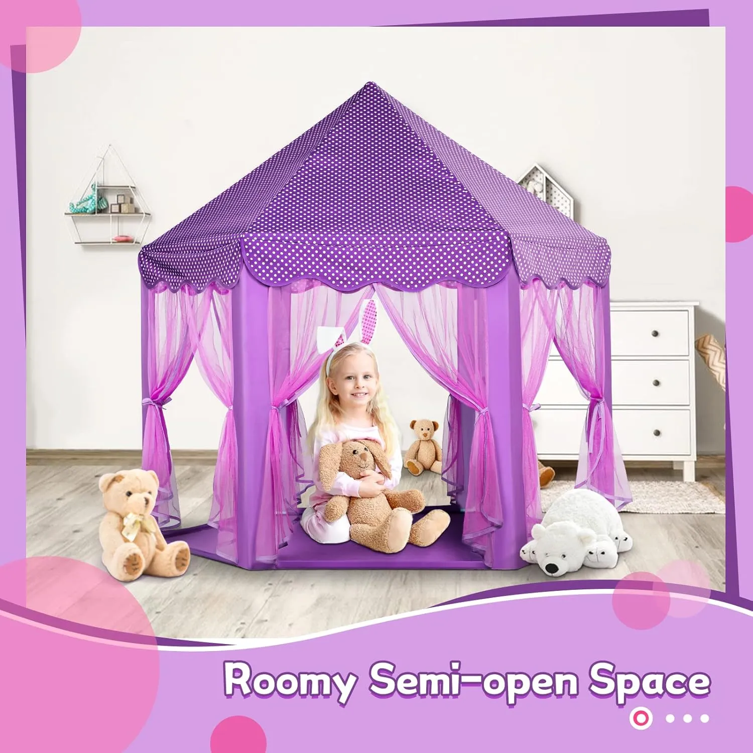 Purple Princess Castle Tent for Girls with Fairy Star Lights Play Tents for Kids Hexagon Playhouse Fairy Toys for Children or Toddlers Indoor or Outdoor Games