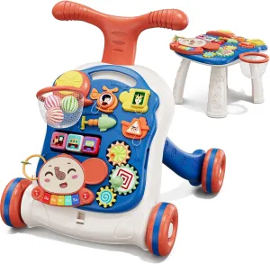 QDRAGON 3 in 1 Baby Walker and Activity Center for Boy, Learning to Walk, Sit to Stand, Early Educational Push Toys with Music Panel for Infant Toddler 12  Months Blue