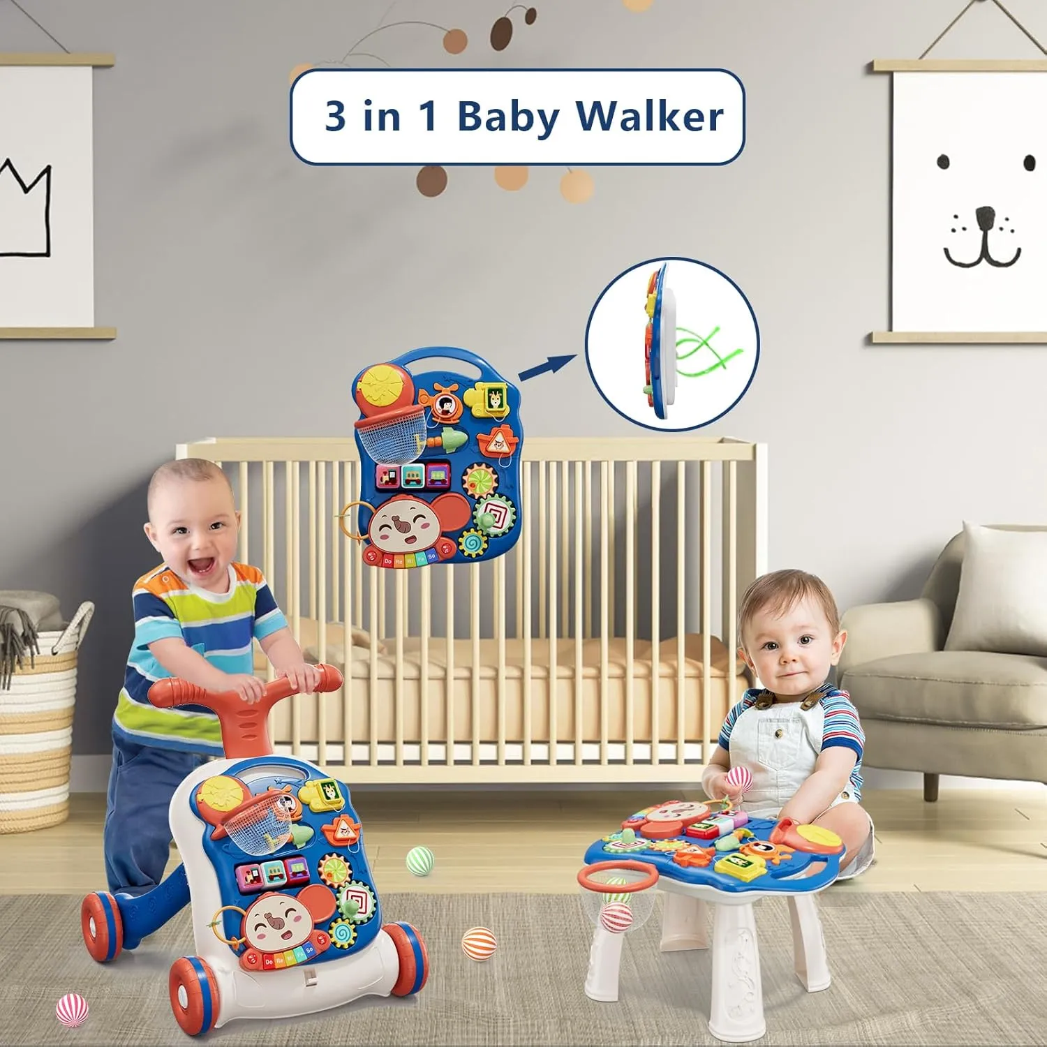 QDRAGON 3 in 1 Baby Walker and Activity Center for Boy, Learning to Walk, Sit to Stand, Early Educational Push Toys with Music Panel for Infant Toddler 12  Months Blue