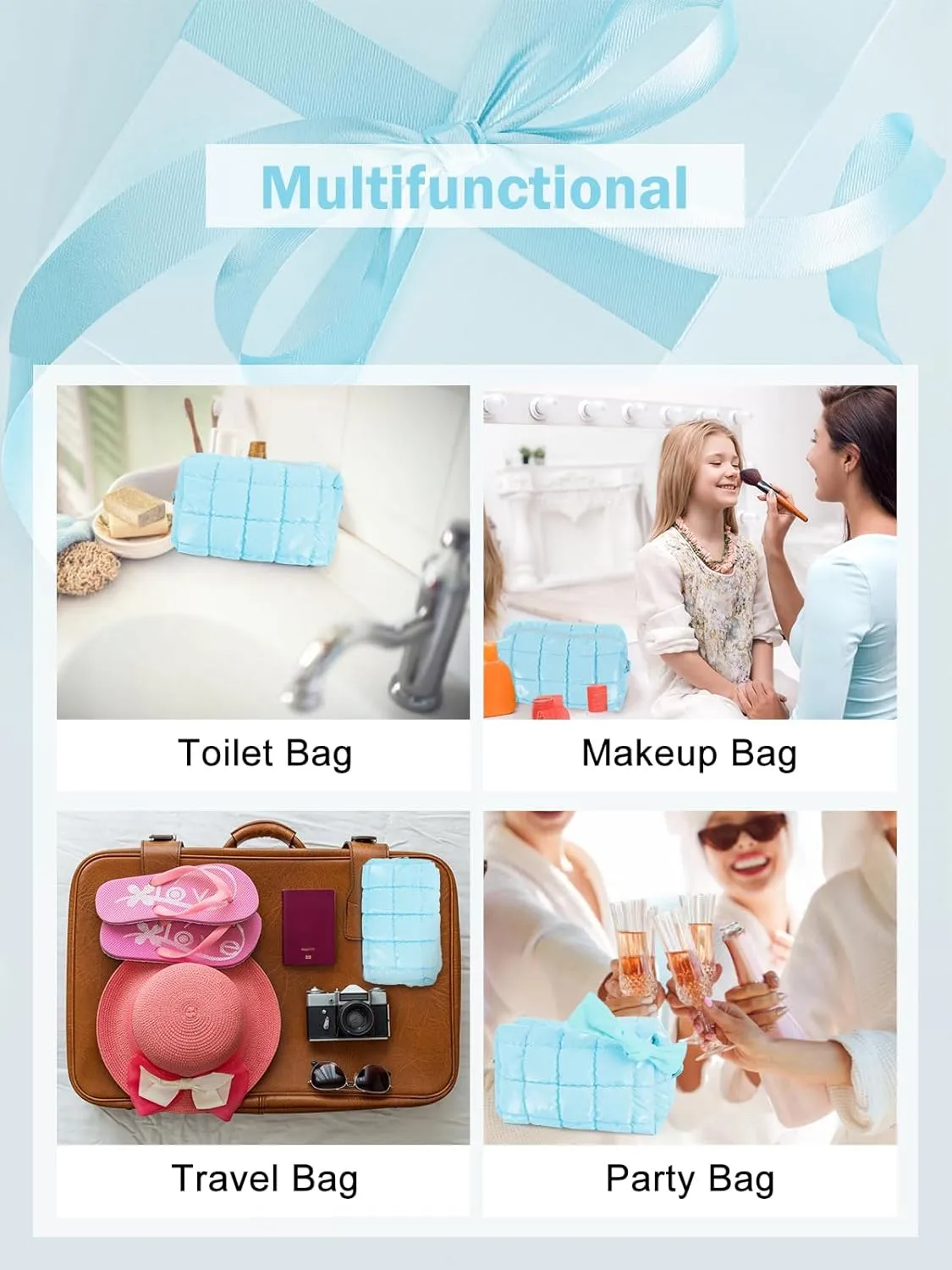 Quilted Makeup Bag Cosmetic Bag, Travel Toiletry Bag for Women, Cute Makeup Bag Organizer Puffer Pouch Bule M