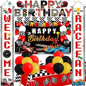 Race Car Birthday Party Decorations 19 Pcs Racing Themed Party Supplies Includes Banner Backdrop Porch Sign Balloons Tablecloth for Boys Men Car Racing Themed Birthday Party Decor