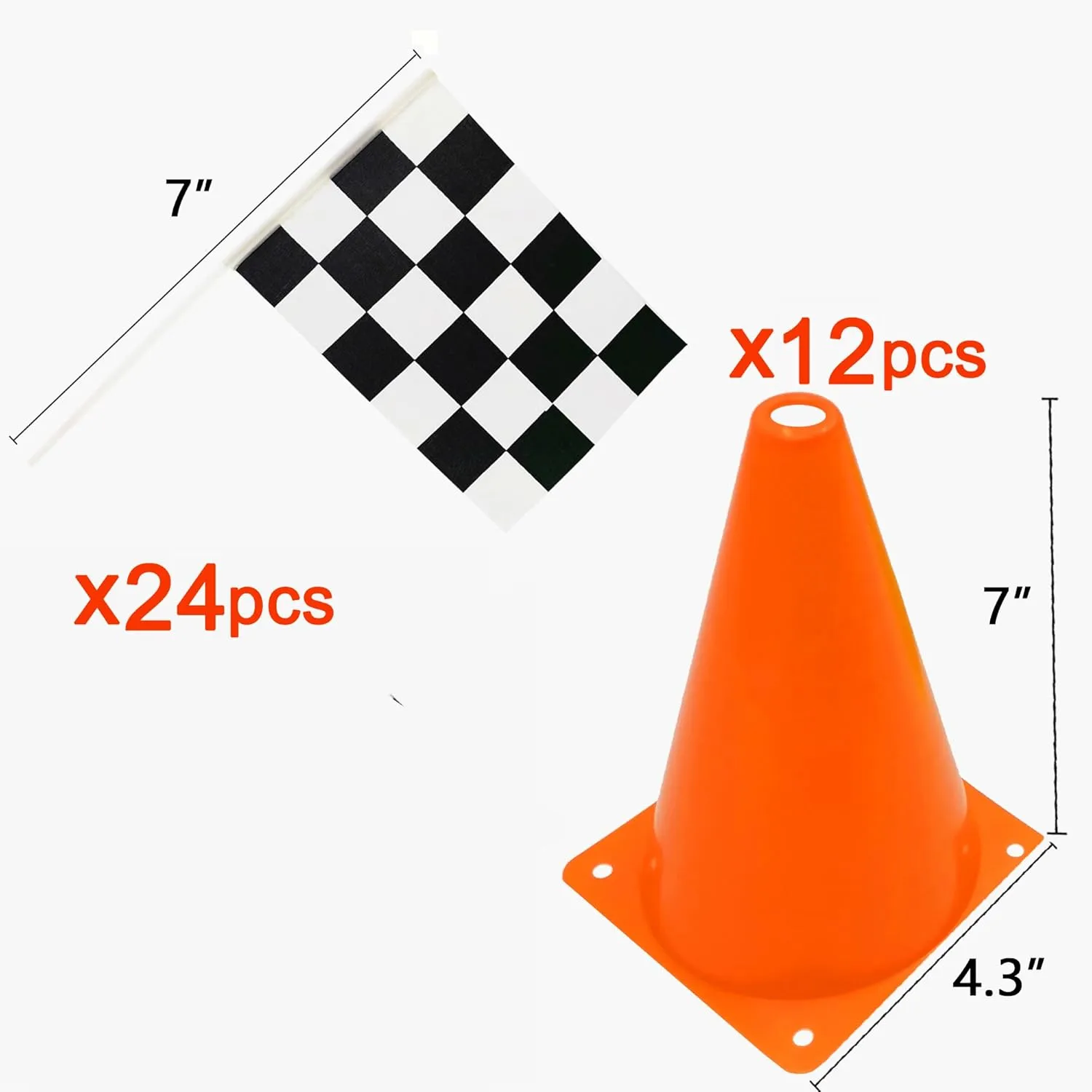 Race Car Birthday Party Decorations - 7inch Orange Race Cones with Checkered Flags,12 Traffic Cones, 24 Racing Black and White Flags,Racecar Theme Two Fast Centerpieces Supplies(36PCS)