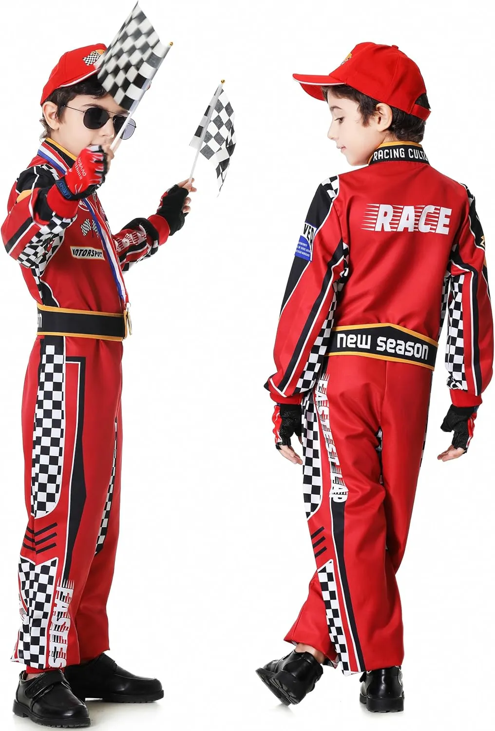 Race Car Driver Costume Boys Racer Jumpsuit Kids Disfraz de Carro para Niño with Sunglasses for Toddler Halloween