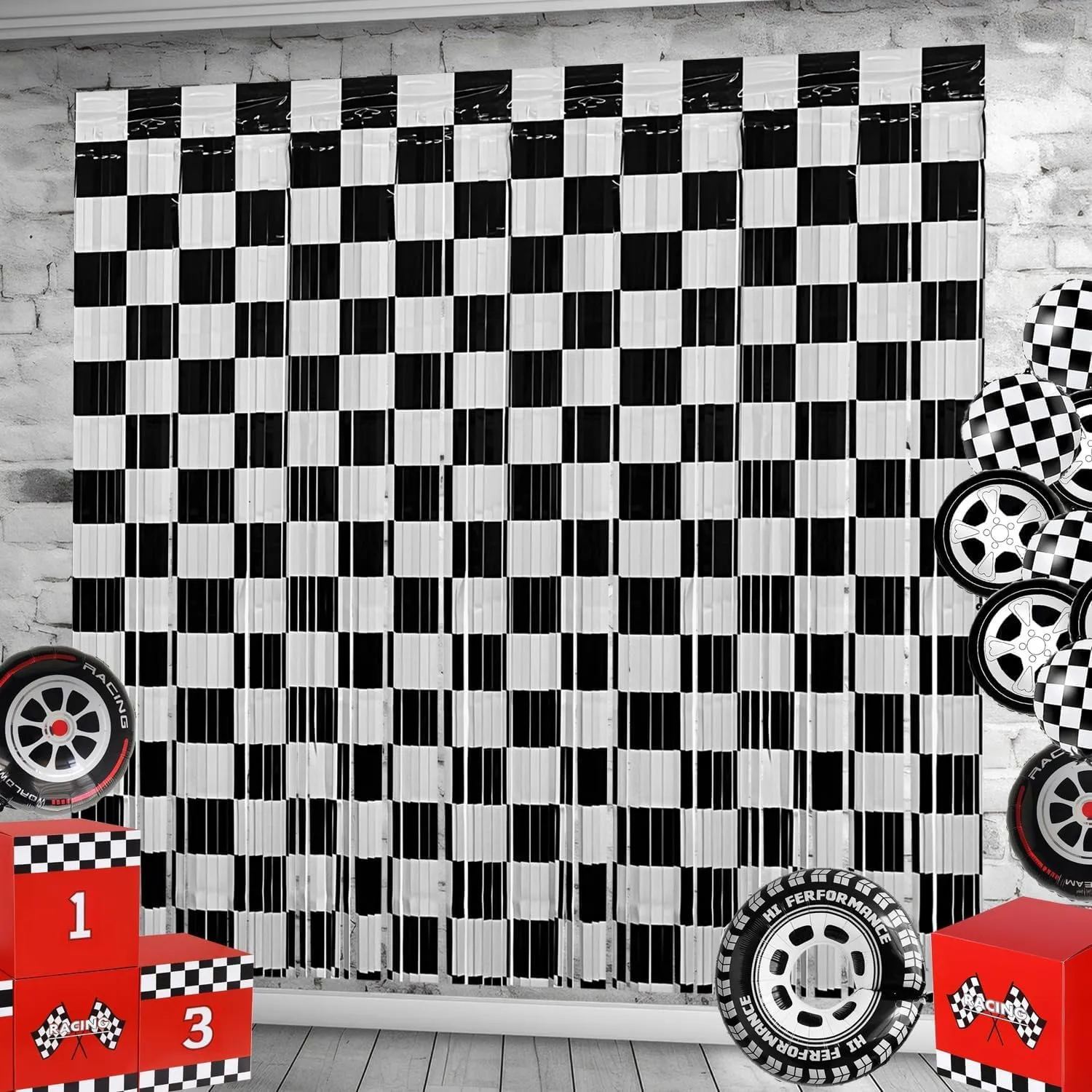 Race Car Foil Fringe Curtains Backdrop Birthday Party Decorations, 4 Pack 3.28 x 6.56 Ft Black White Foil Fringe Curtain Photo Booth Props Racing Car One Happy Dude Birthday Party Decorations