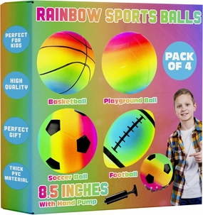 Rainbow Sports Balls for Kids & Toddlers - (Pack of 4) 8.5-Inch Neon Sport Ball Set Includes Football, Soccer, Basketball, & Playground Balls, Inflatable Indoor & Outdoor Fun Toys - Hand Pump Included