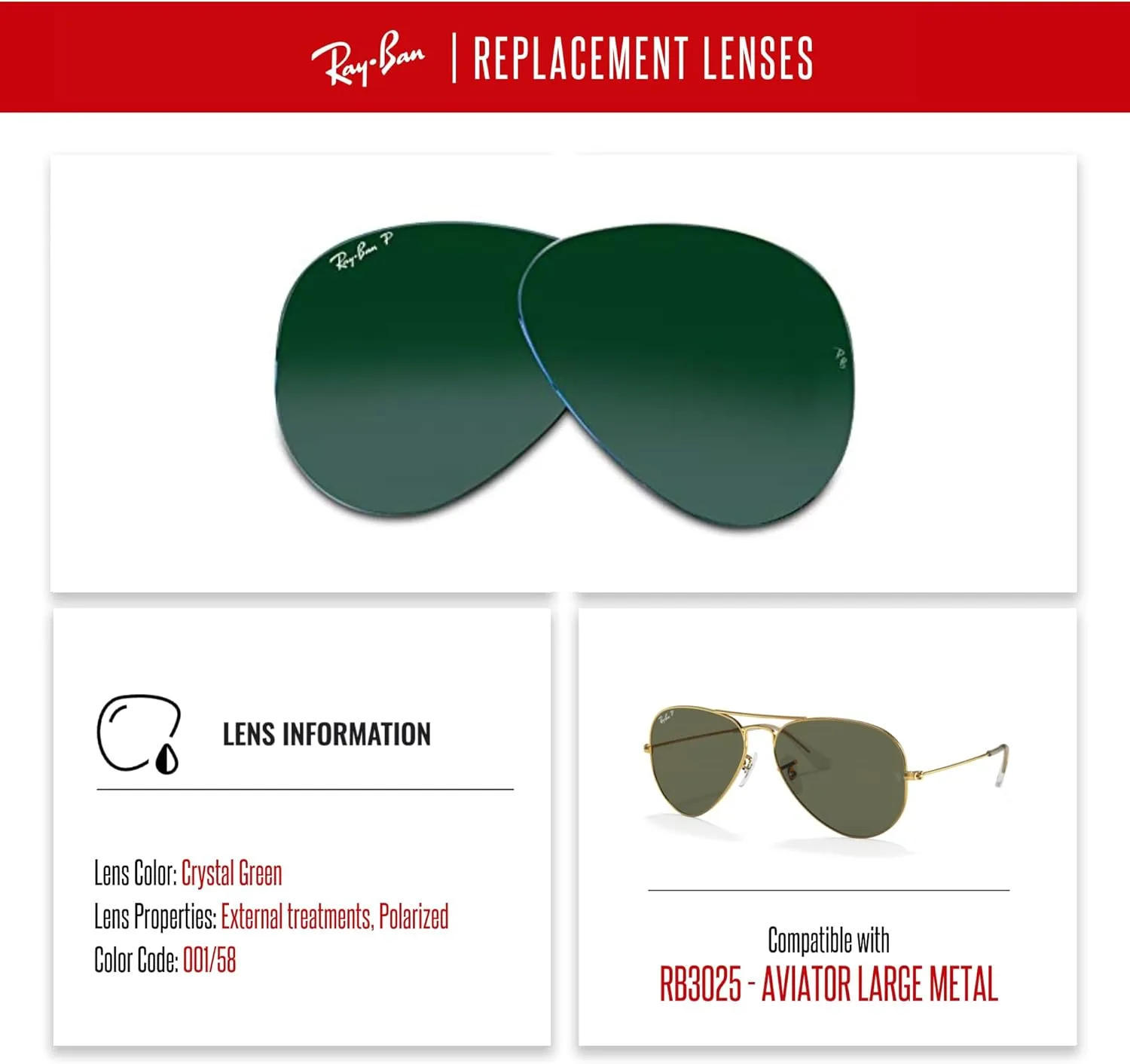 Ray-Ban Original AVIATOR LARGE METAL RB3025 Replacement Lenses   BUNDLE with Designer iWear Care Kit