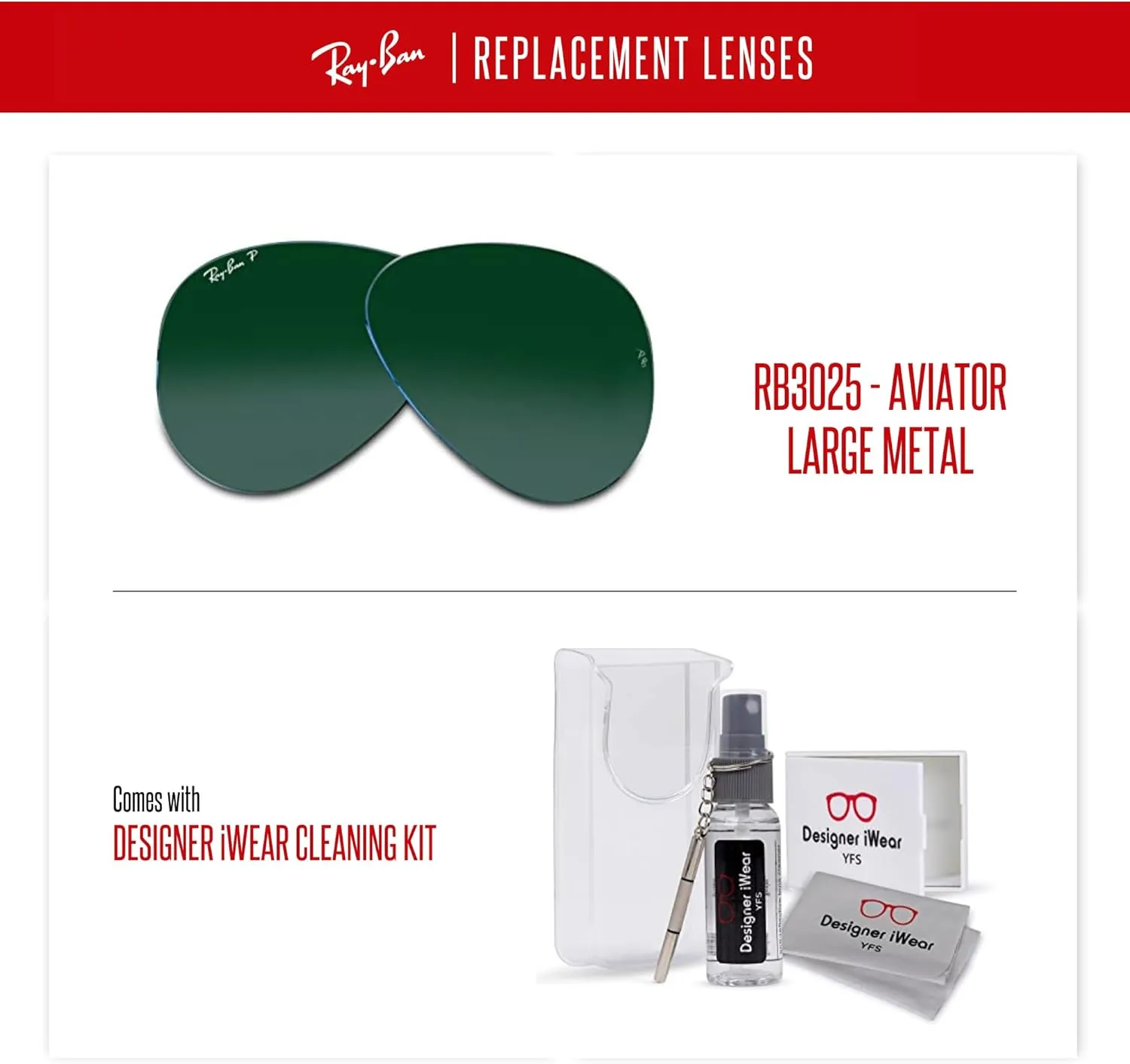 Ray-Ban Original AVIATOR LARGE METAL RB3025 Replacement Lenses   BUNDLE with Designer iWear Care Kit