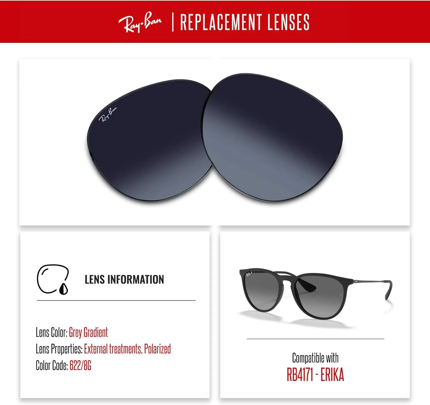 Ray-Ban Original RB4171 ERIKA Replacement Lenses For Women  BUNDLE with Designer iWear Eyewear Care Kit