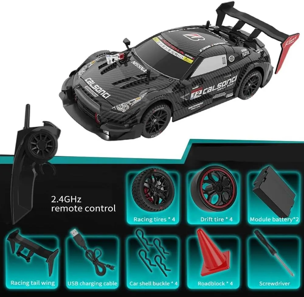 RC Drift Car, 1:14 Scale 4WD 40KM/H High Speed RC Racing Car with LED Lights, 2 Batteries, Drifting and Racing Tires for Kids and Adults, Black