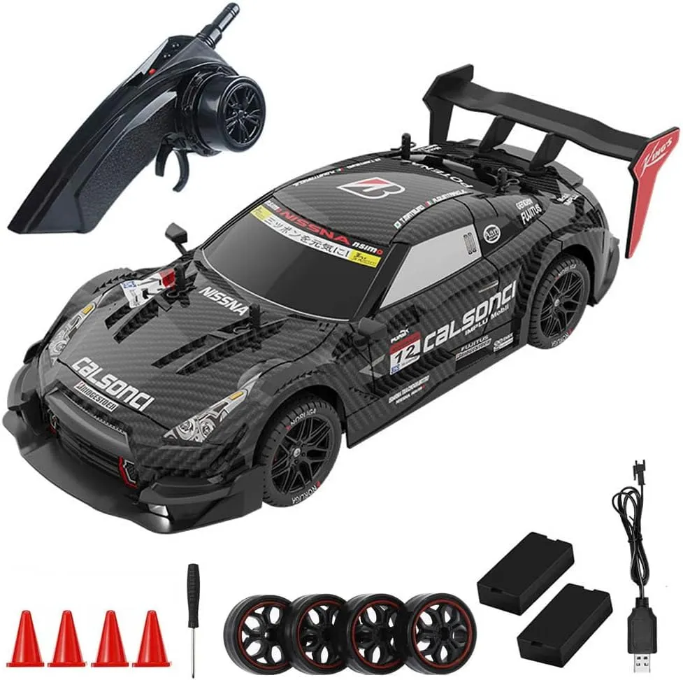 RC Drift Car, 1:14 Scale 4WD 40KM/H High Speed RC Racing Car with LED Lights, 2 Batteries, Drifting and Racing Tires for Kids and Adults, Black