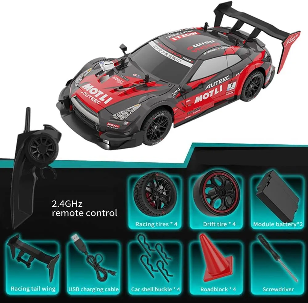 RC Drift Car, 1:14 Scale 4WD 40KM/H High Speed RC Racing Car with LED Lights, 2 Batteries, Drifting and Racing Tires for Kids and Adults, Red