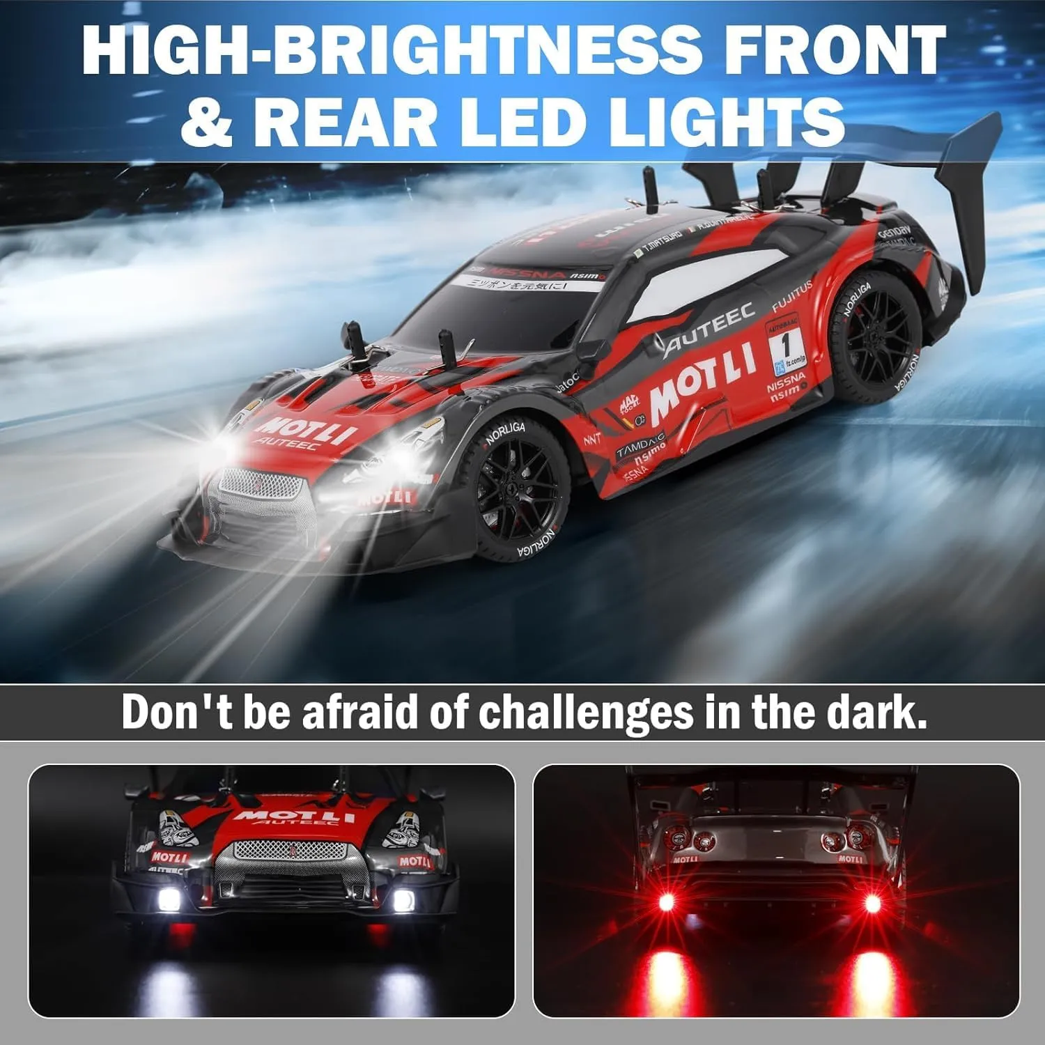 RC Drift Car, 1:14 Scale 4WD 40KM/H High Speed RC Racing Car with LED Lights, 2 Batteries, Drifting and Racing Tires for Kids and Adults, Red