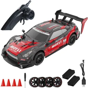 RC Drift Car, 1:14 Scale 4WD 40KM/H High Speed RC Racing Car with LED Lights, 2 Batteries, Drifting and Racing Tires for Kids and Adults, Red