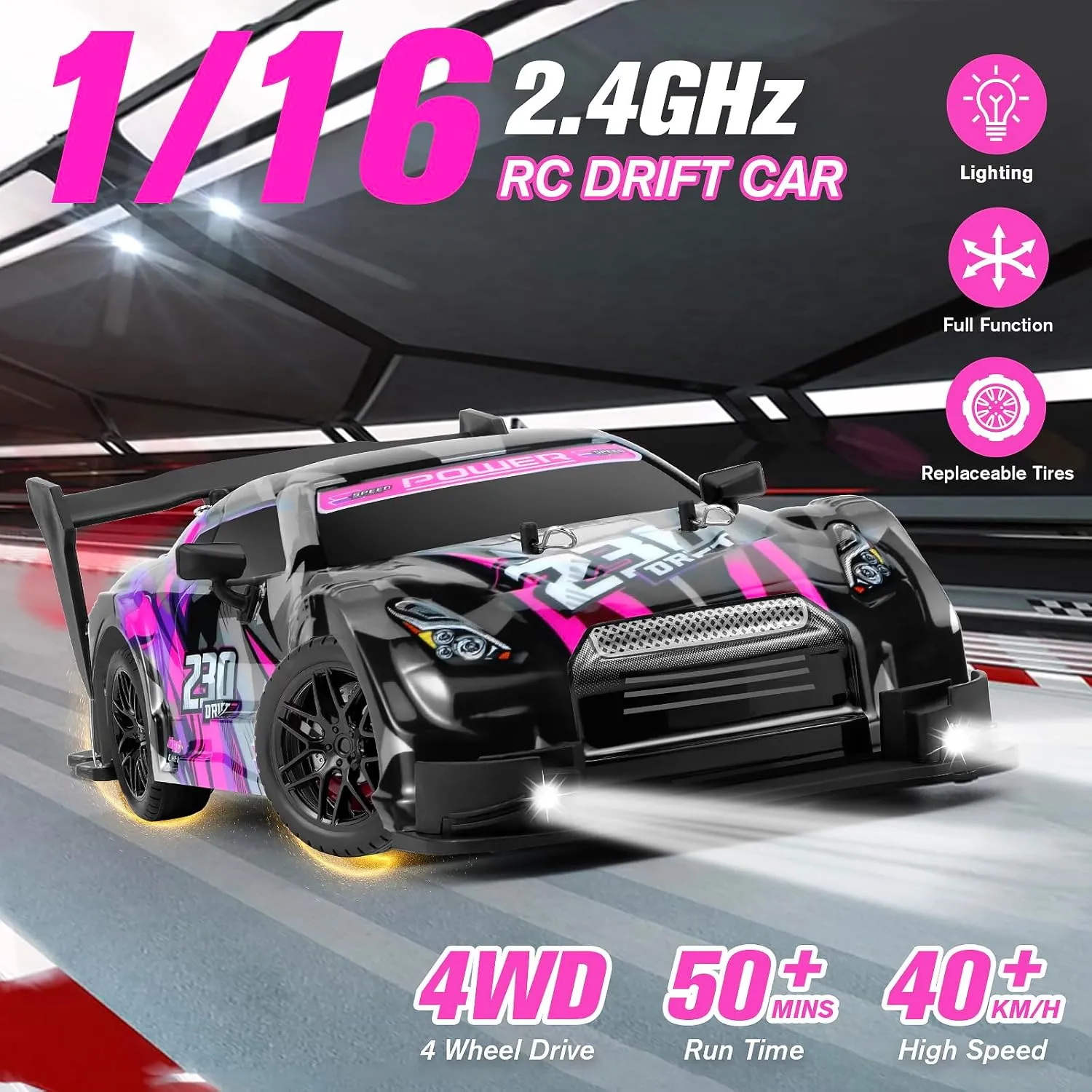 RC Drift Car, 1:16 Scale Drifting RC Cars, 2.4GHz 4WD RC Race Car, 40km/h High-Speed Remote Control Drift Car Vehicle, Racing Sport for Boys Girls Kids - 2 USB Rechargeable Batteries (Purple)