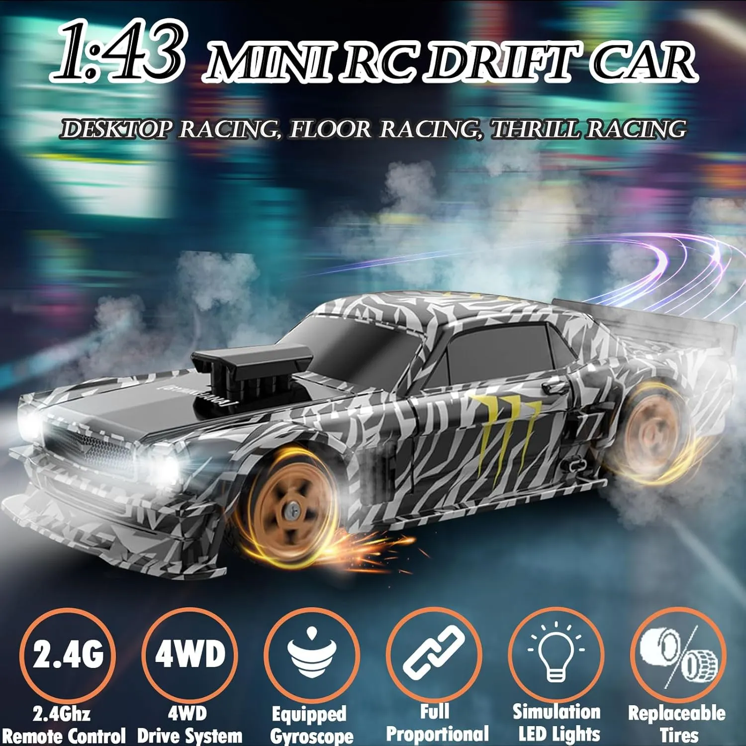 RC Drift Car, 1/43 Mini Remote Control Car with Gyroscope, 2.4GHz 4WD Full Proportional High Speed Fast RC Cars with LED Lights Racing Tires, Hobby RC Cars Toy Model Gift for Adults, Kids, Boys