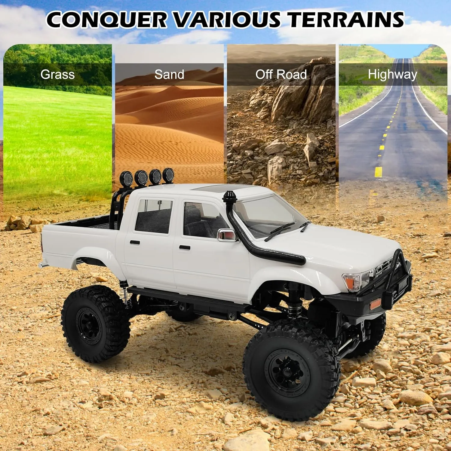 RC Rock Crawler WPL C64-1 RC Truck, 1:16 Scale 2.4GHz Remote Control Truck, 4WD All Terrain Off-Road RC Crawler with LED Lights and 2 Rechargeble Batteries for Adults (Blue)