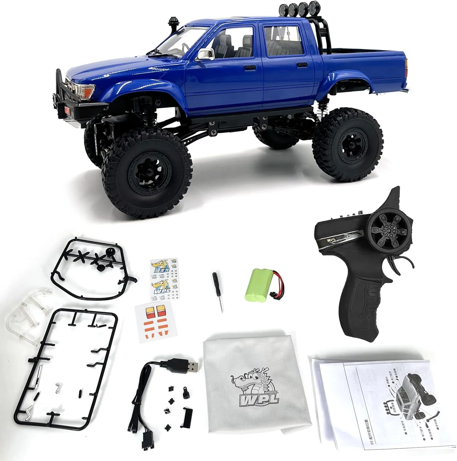 RC Rock Crawler WPL C64-1 RC Truck, 1:16 Scale 2.4GHz Remote Control Truck, 4WD All Terrain Off-Road RC Crawler with LED Lights and 2 Rechargeble Batteries for Adults (Blue)