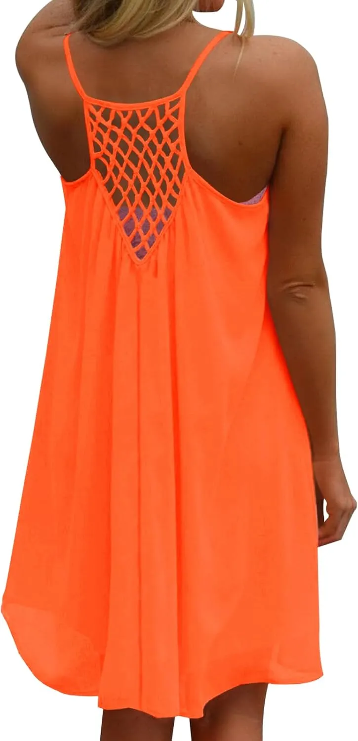 ReachMe Womens Sexy Plus Size Swimsuit Coverups Spaghetti Strap Beach Dresses Bathing Suit Cover Up Sheer Tank Sundress