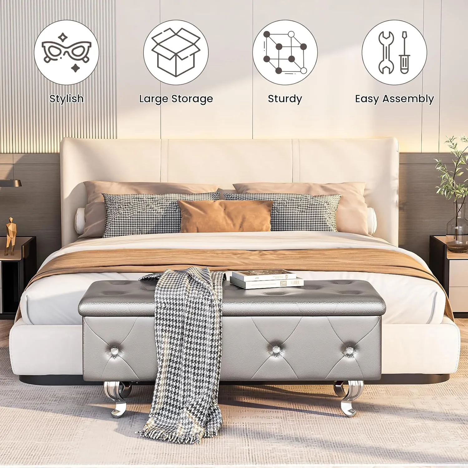 Recaceik Ottoman with Storage, Storage Ottoman Bench for Bedroom, Leather Bench with Storage, Upholstered End of Bed Storage Bench for Bedroom, Living Room, Entryway, Window, Silver