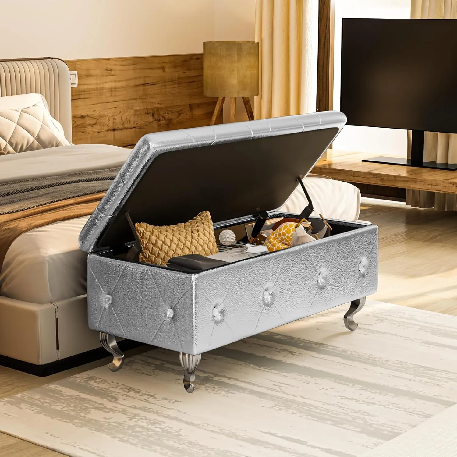 Recaceik Ottoman with Storage, Storage Ottoman Bench for Bedroom, Leather Bench with Storage, Upholstered End of Bed Storage Bench for Bedroom, Living Room, Entryway, Window, Silver