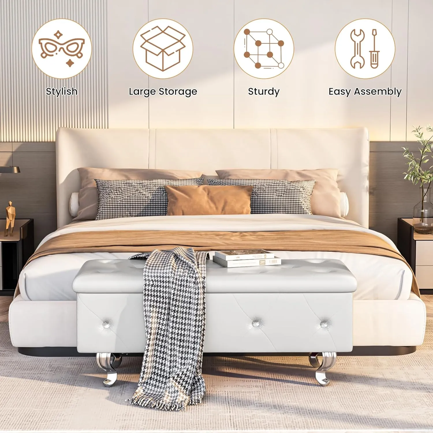 Recaceik Ottoman with Storage, Upholstered Leather Bench for Bedroom, End of Bed Storage Bench for Living Room, Entryway, Window