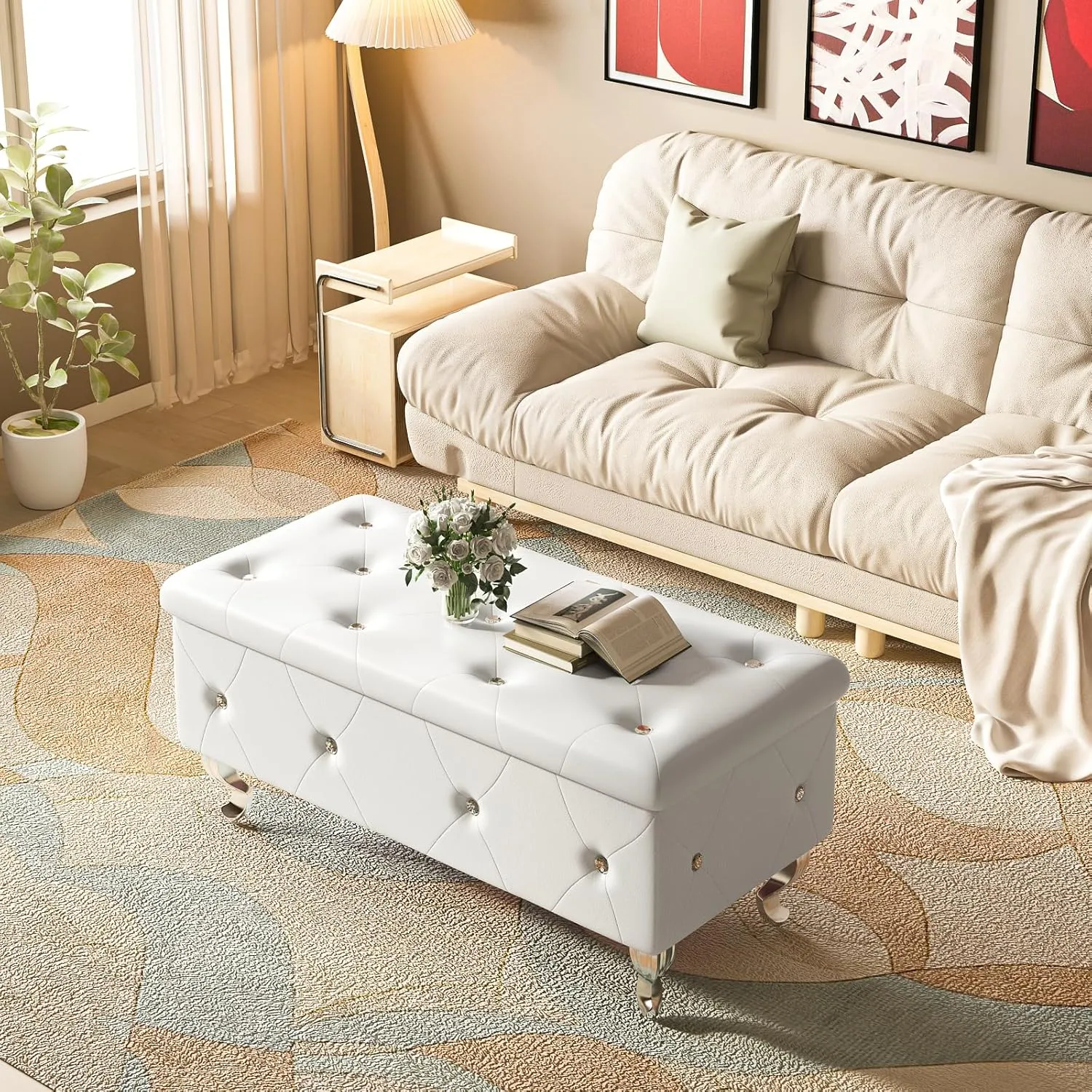 Recaceik Ottoman with Storage, Upholstered Leather Bench for Bedroom, End of Bed Storage Bench for Living Room, Entryway, Window