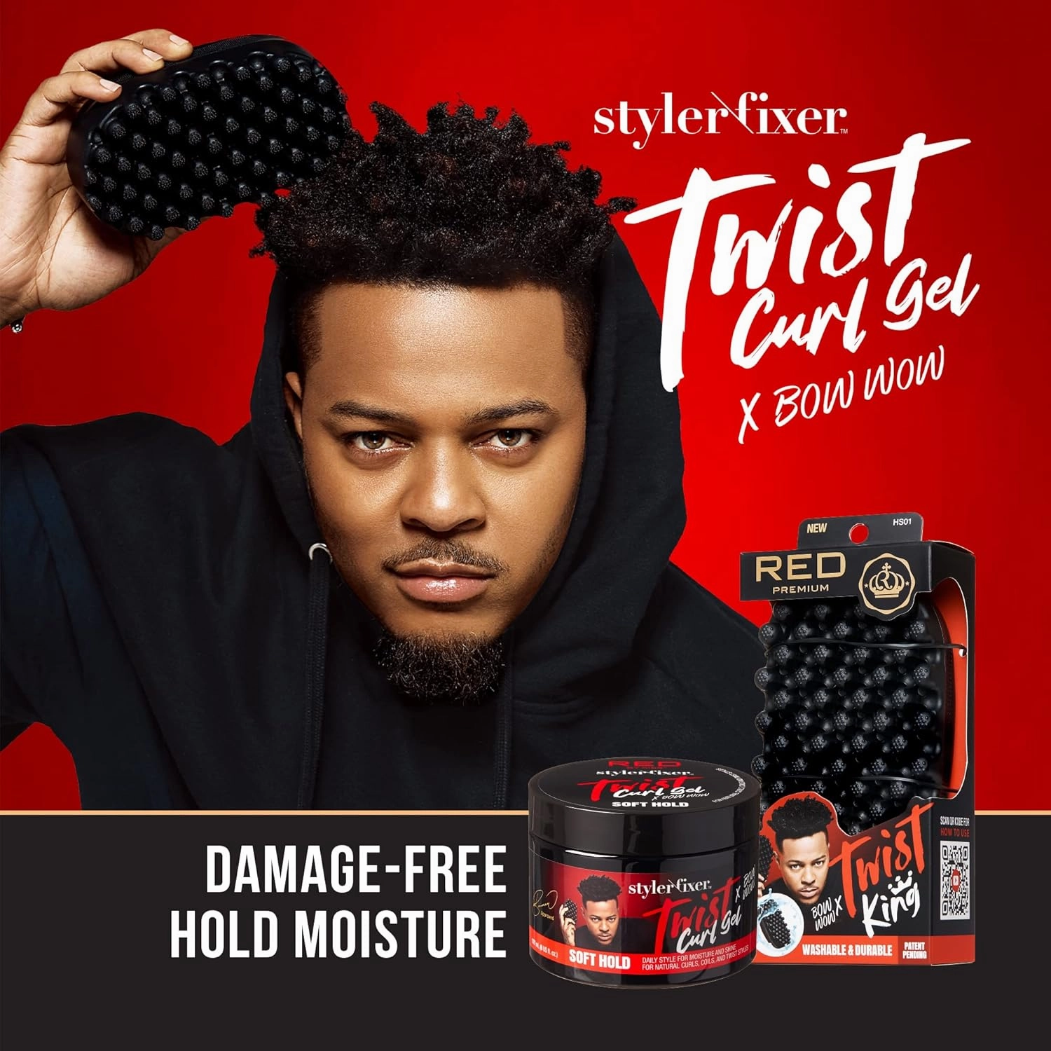 RED by Kiss X Bow Wow Styler and Twisting Gel with Durable Brush for Defined Waves, Curls, and Twists - Soft Hold for Nourished, Naturally Shiny Hair (Value Set)