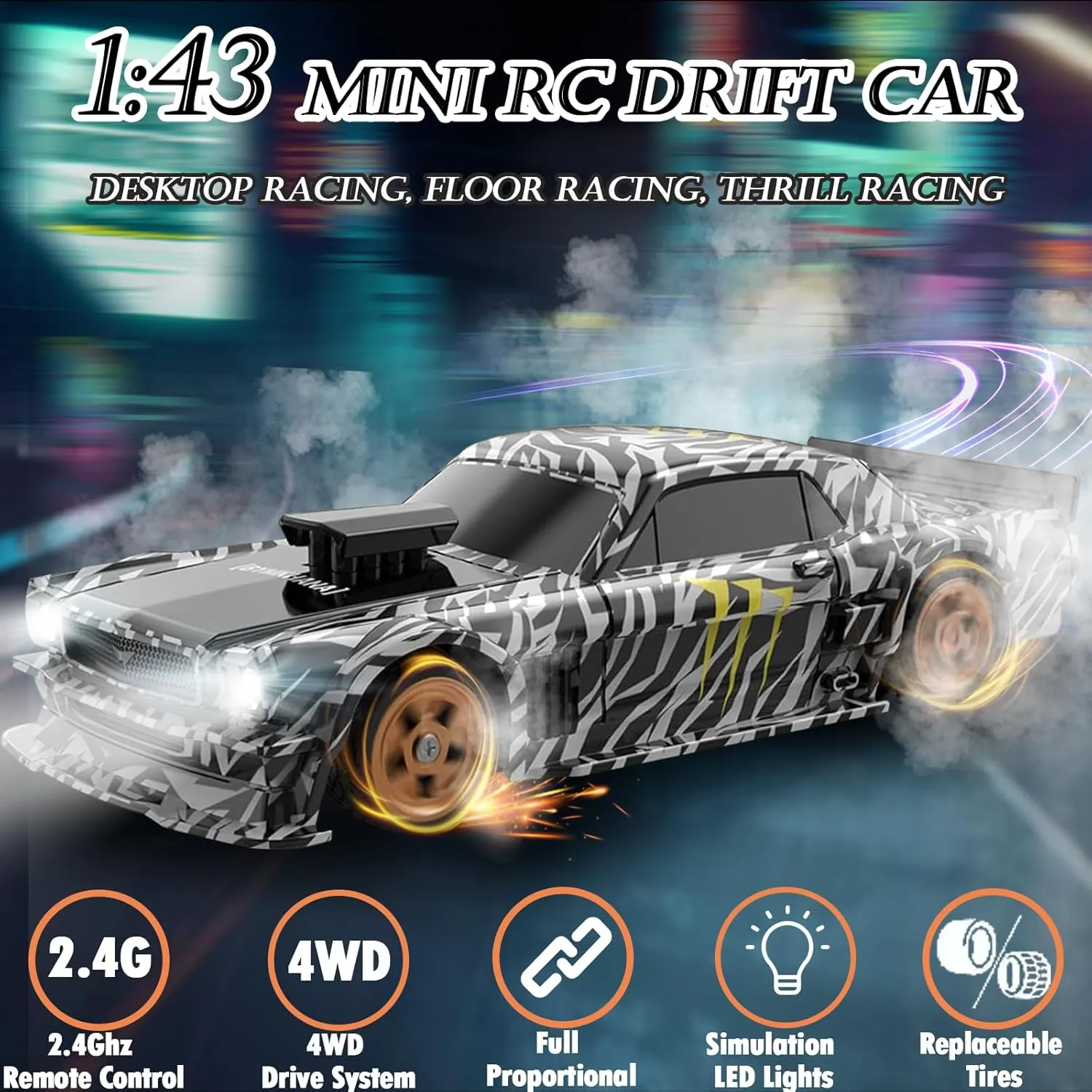 Remote Control Car, 1/43 Mini RC Drift Car without Gyroscope, 2.4GHz Full Proportional High Speed RTR 4WD Fast RC Cars with LED Lights Racing Tires, Hobby RC Cars Toy Model Gift for Adults, Kids, Boys