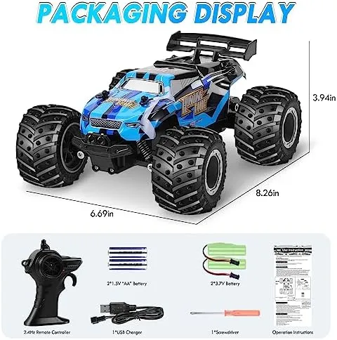 Remote Control Car, Remote Control Truck, 2.4Ghz All Terrain Off-Road Monster Truck, 20 KM/H Rc Cars with LED Bodylight and 2 Rechargeable Batteries Toys for Boys