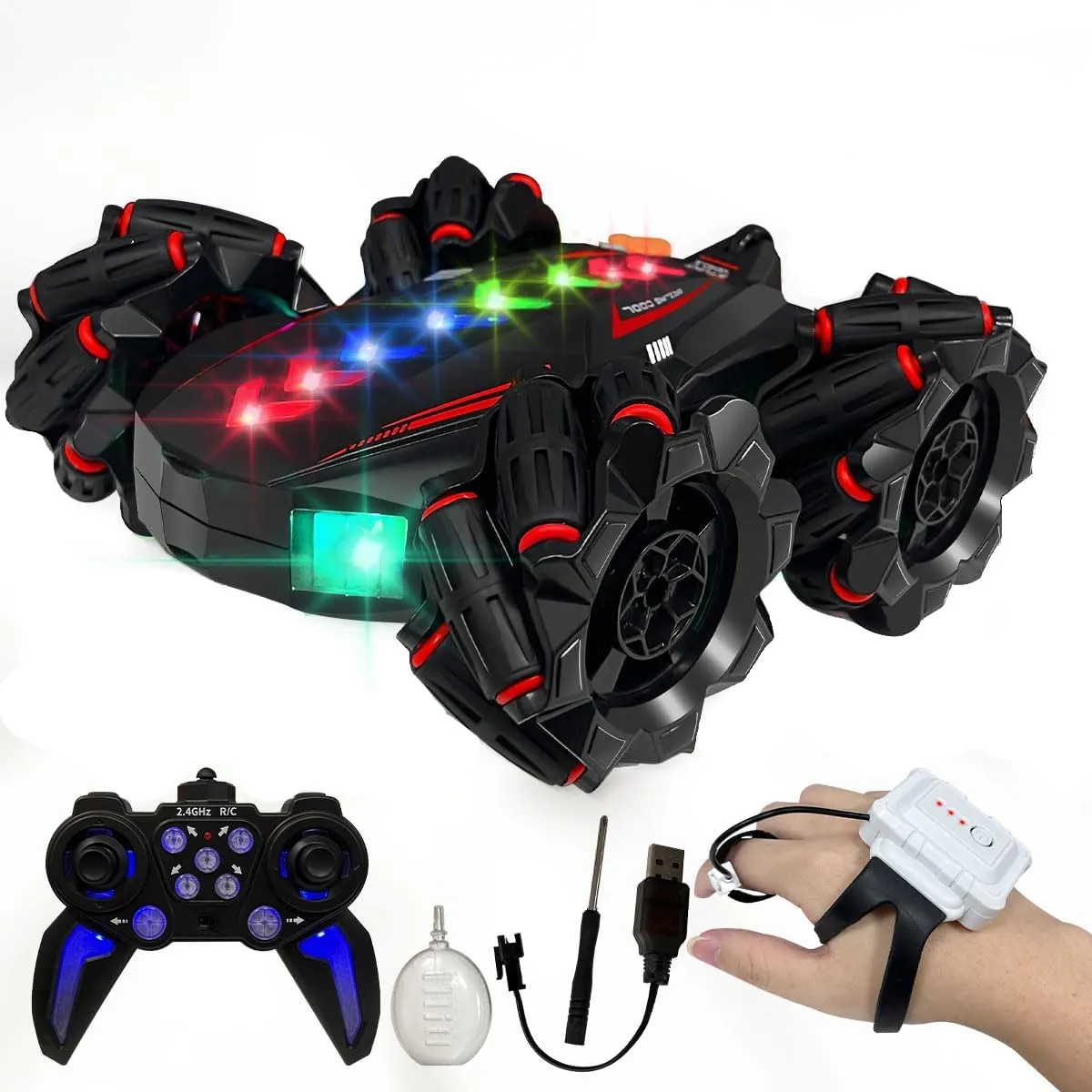 Remote Control Car Toys for Kids, 2.4GHz Indoor/Outdoor All Terrain Electric 4WD Gesture Sensing RC Car with Cool Light and Music, Double-Sided 360° Flips RC Cars Birthday Gifts Toy Red