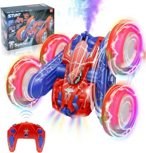 Remote Control Car with Spray Effect & LED Cool Lights, 360°Double-Sided 2.4GHz 4WD All Terrain Off Road Spider RC Car for Kids Toys, RC Stunt Car Toys, Electric Racing Car for 4  Boys Girls (Red)