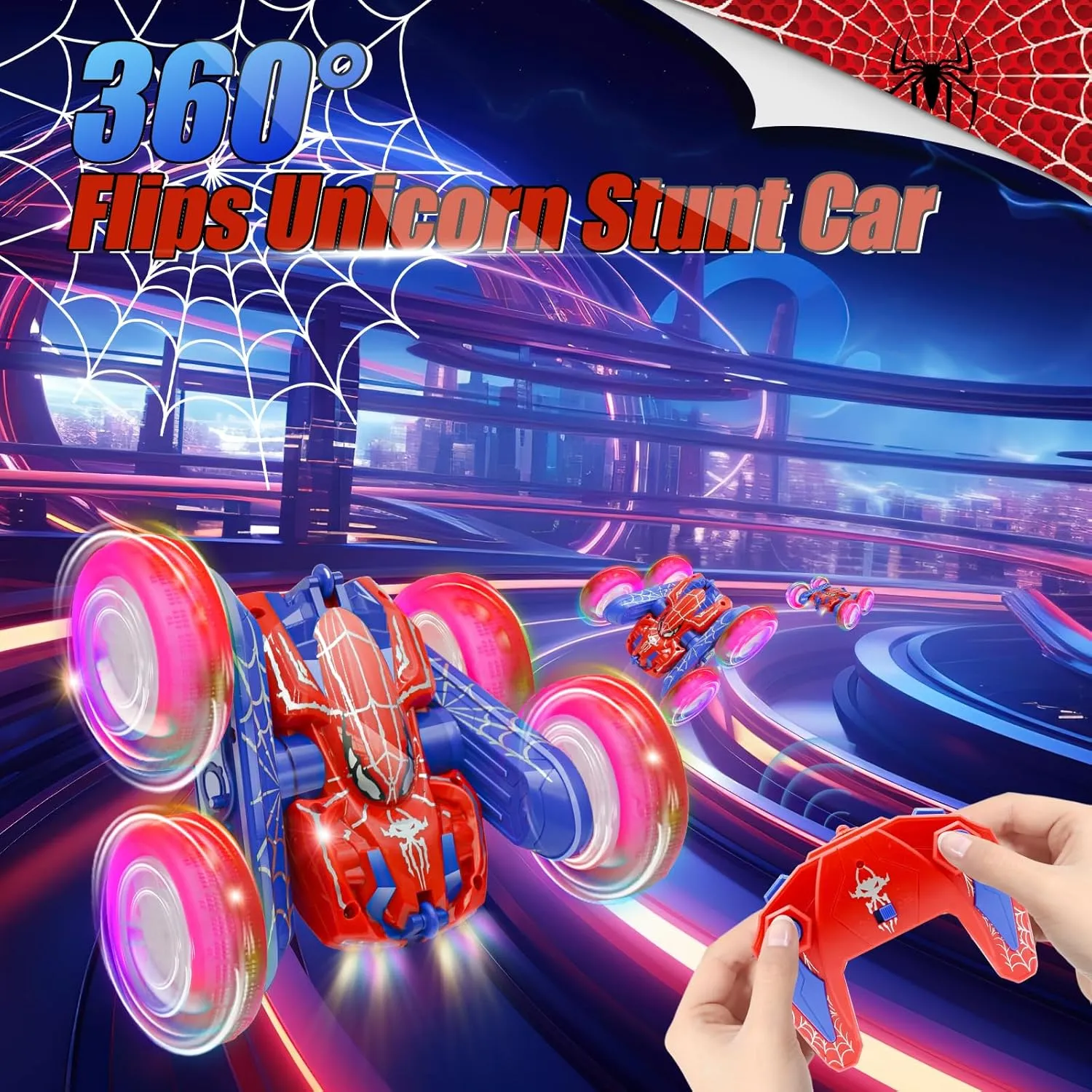 Remote Control Car with Spray Effect & LED Cool Lights, 360°Double-Sided 2.4GHz 4WD All Terrain Off Road Spider RC Car for Kids Toys, RC Stunt Car Toys, Electric Racing Car for 4  Boys Girls (Red)