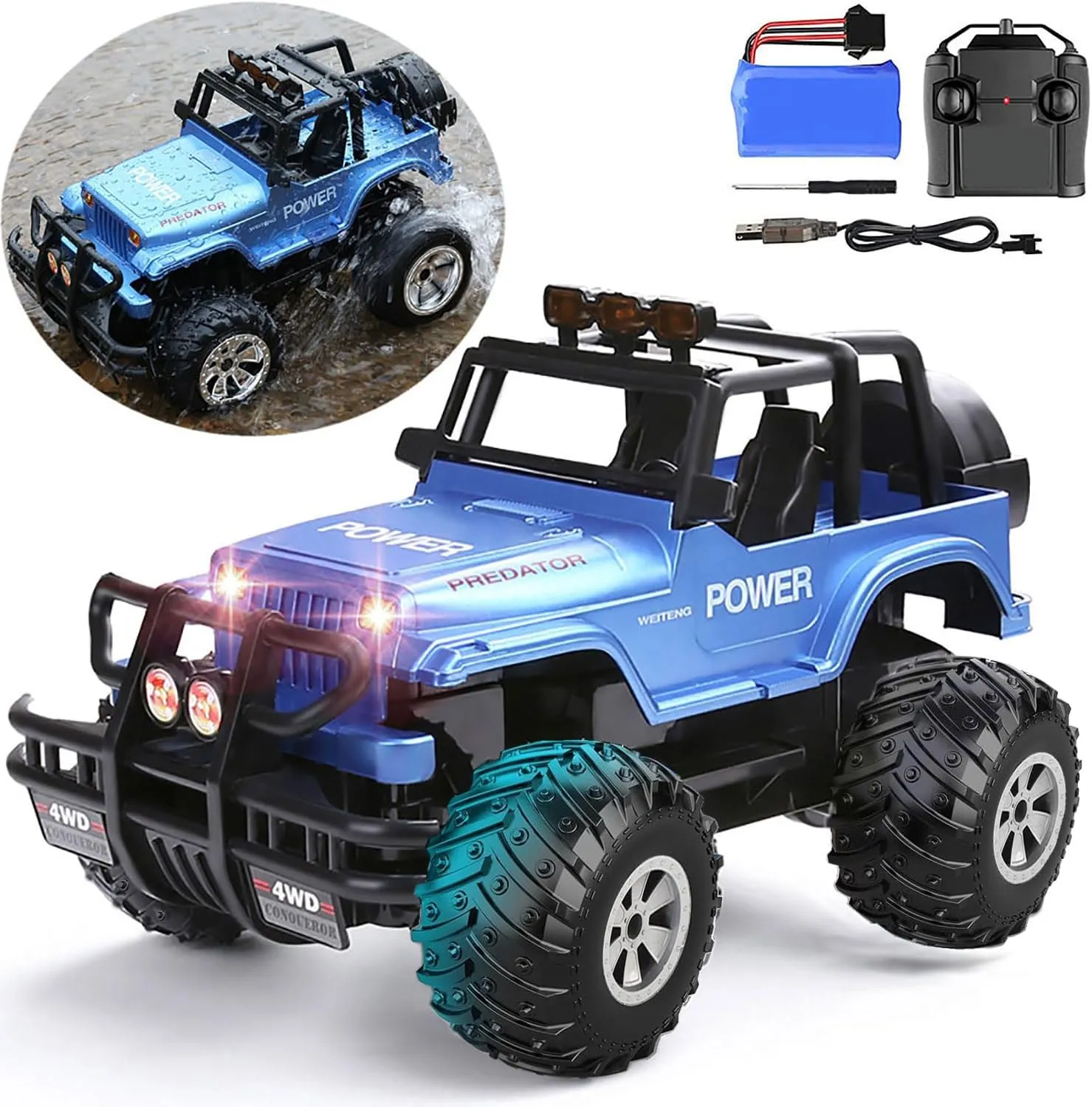 Remote Control Monster Truck for Boys, 1/16 Off Road RC Truck Crawler High Speed RC Pickup SUV with Headlights Rechargeable RC Car for Kids