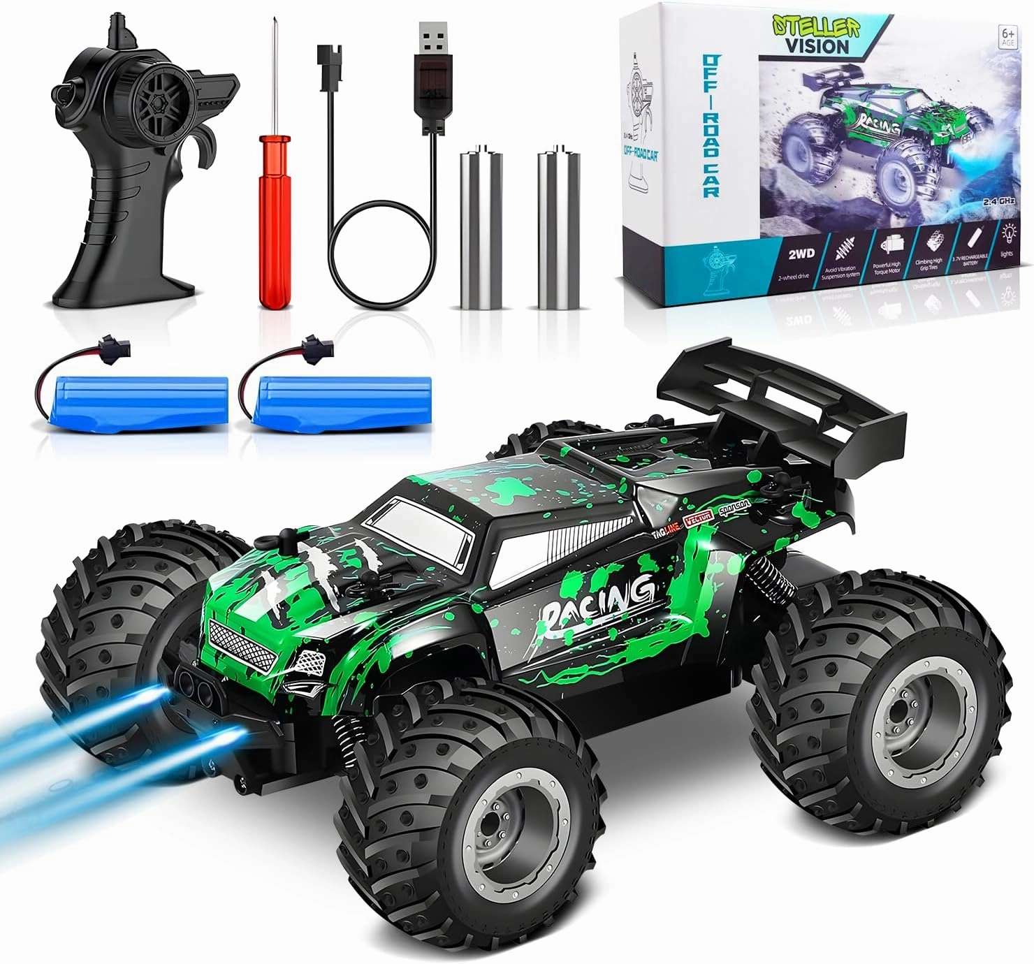 Remote Control Car, 2.4GHz High Speed 18KM/H Monster Truck Toys, 4WD RC Car with 2 Rechargeable Batteries, 200ft Range, 1:20 Scale All Terrain RC Cars, Toys Gifts for Kids and Adults - LED Headlights