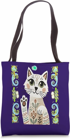 Retro Folk Art Style Friendly Cat With Paw Up Waving Hello Tote Bag