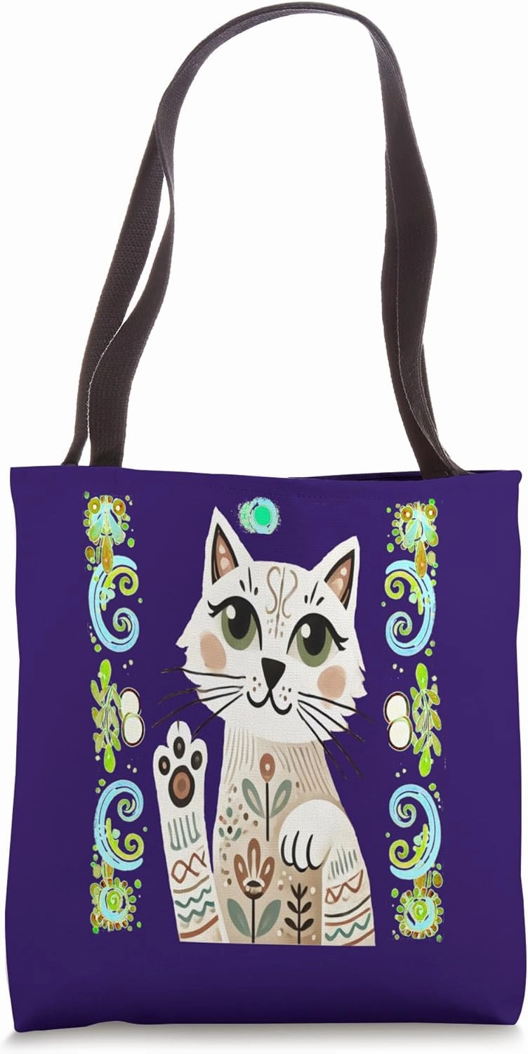Retro Folk Art Style Friendly Cat With Paw Up Waving Hello Tote Bag