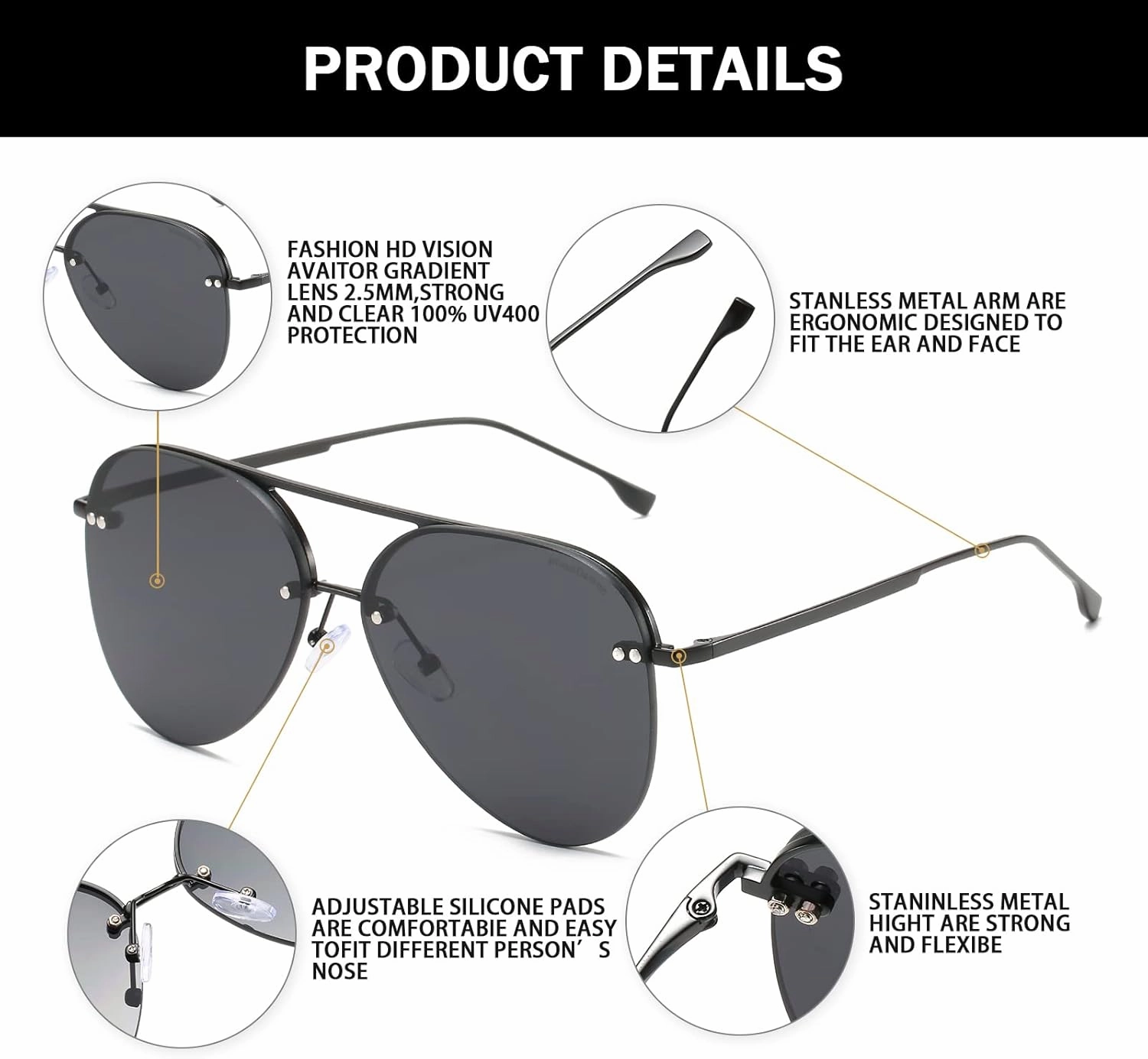 Retro Rimless Women Aviator Sunglasses Classic Lady Oversized Sun Glasses black Gradient Mirrored Lens Bold Shades